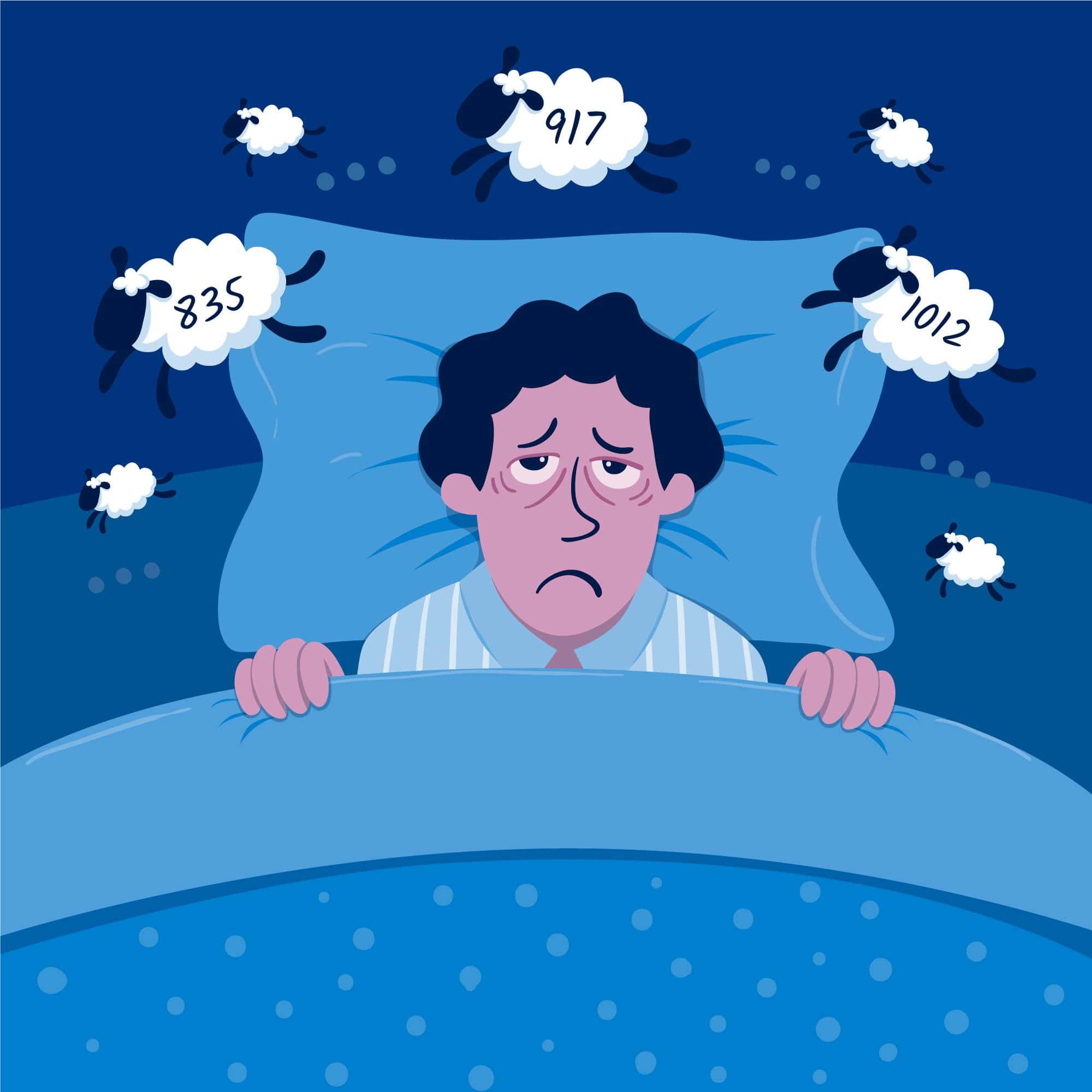 illustration of a man lying in bed unable to fall asleep with sleep flying over his head